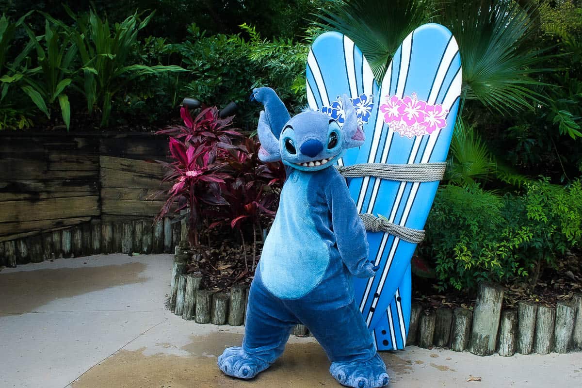 Stitch poses for a photo at Disney's Typhoon Lagoon. 
